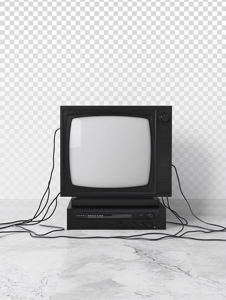 PSD vintage schwarzer analoger fernseher mit kabeln auf dem boden