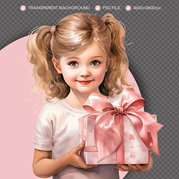 PSD vintage-wasserfarbe weißes mädchen in rosa thema mit geschenk clipart