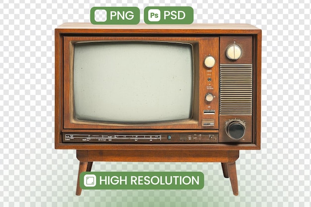 Vintage Wooden Television Set Retro Design HighResolution PNG and PSD Downloads Nostalgia Theme Classic Television Aesthetic Perfect for Graphic Design Projects Embracing MidCentury Modern Style