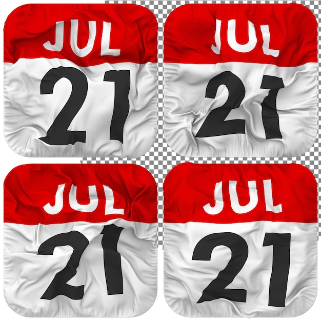 PSD vinte e um ícone de calendário de data de 21 de julho isolado quatro estilo de ondulação textura de colisão renderização 3d