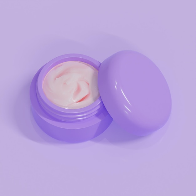Violettes Hautpflege- und Kosmetikglas mit offenem Deckel auf violettem Hintergrund