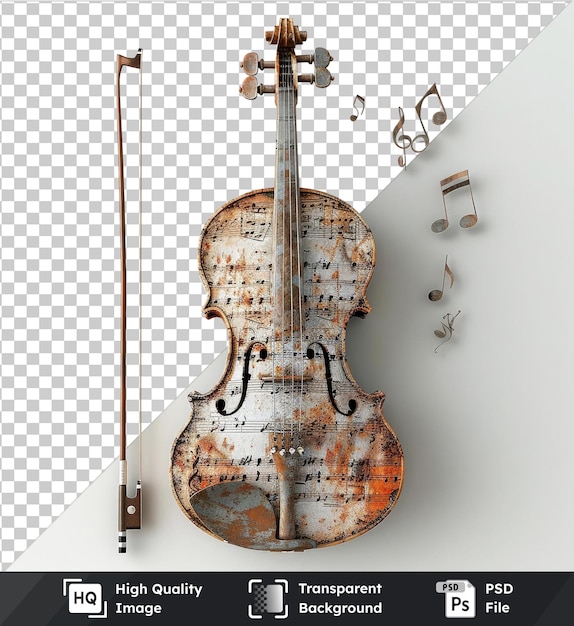 PSD violín psd transparente de alta calidad con notas de música mostradas en una pared blanca acompañada de un reloj