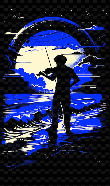 PSD violinista em uma praia serena ao pôr-do-sol com ondas batendo em desenhos de cartazes de música de ilustração