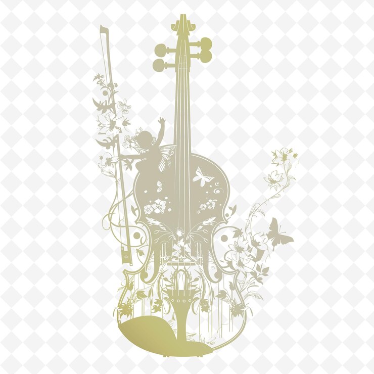 PSD un violon avec un motif floral et un instrument de musique sur le dos
