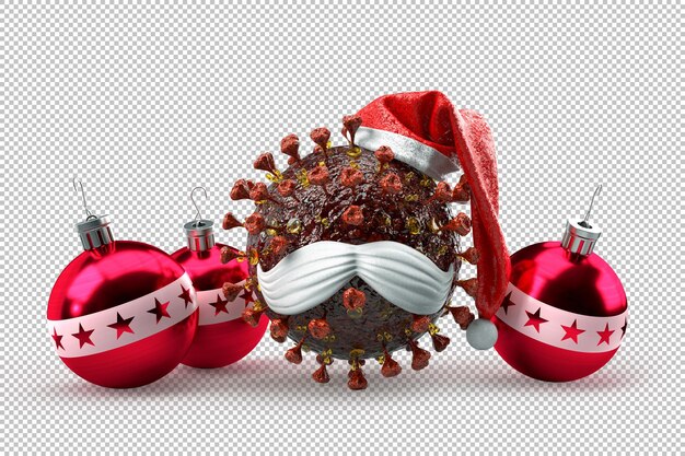 PSD virión sarsrcov como mascota de santa claus con bolas decorativas de navidad