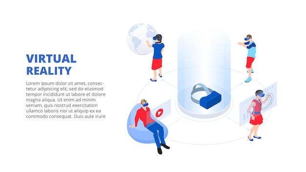Virtual reality design concept with glasses and people playing and learning Isometric illustration