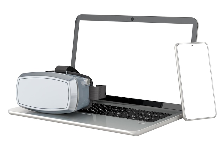 PSD virtual reality glasses with laptop and mobile phone 3d rendering isolated on transparent background