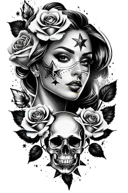 PSD visage de femme chaude avec des roses, des étoiles et un crâne design de tatouage réaliste