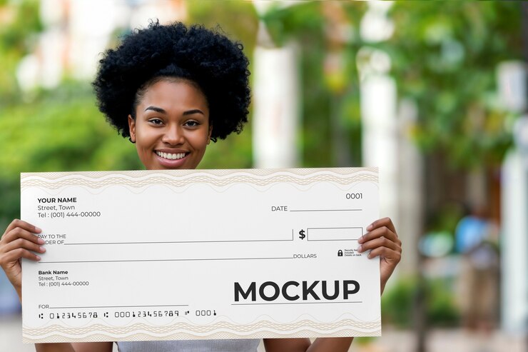 PSD visão do projeto de modelo de pessoa segurando um cheque