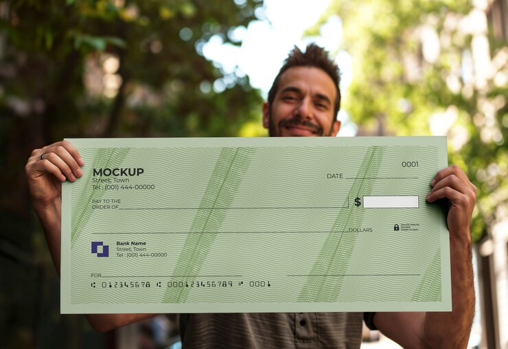 PSD visão do projeto de modelo de pessoa segurando um cheque