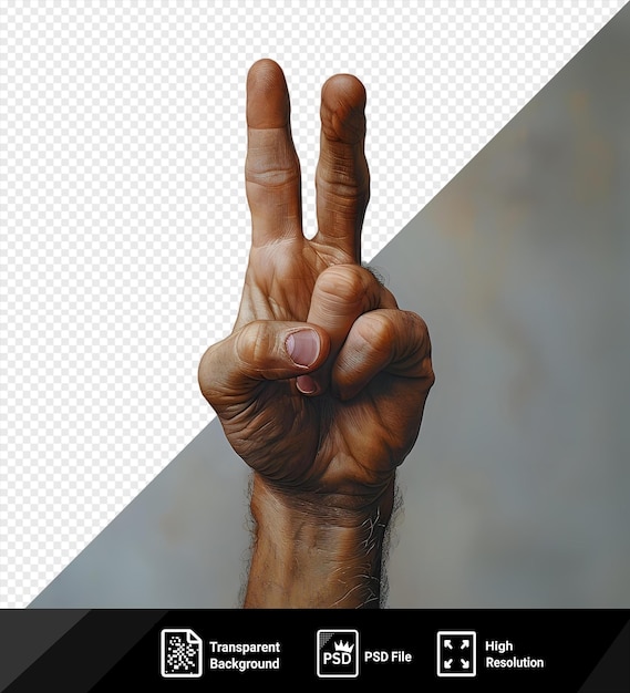 PSD visão em close-up de mão de homem jovem mostrando sinal de paz com braço peludo e dedo visível em primeiro plano