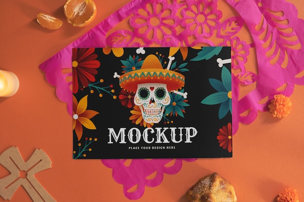 Visão superior dos elementos do dia de los muertos
