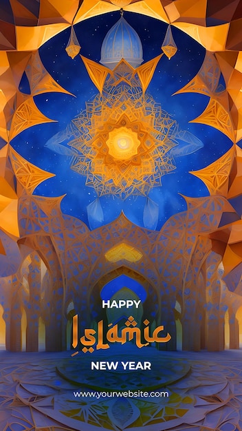 Visión artística geométrica de la ilustración de una mezquita para compartir el espíritu festivo del año nuevo islámico