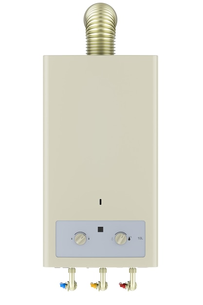 Visión frontal del calentador de agua de la caldera de gas doméstica representación 3d aislada sobre un fondo transparente
