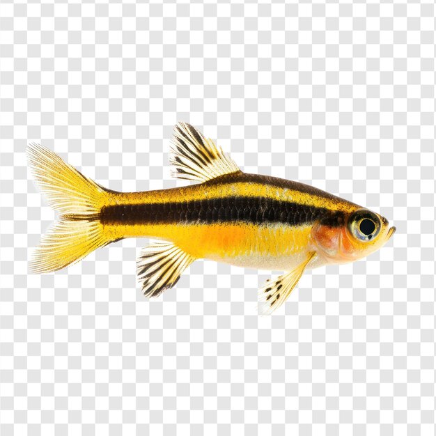 Visión lateral del pez Zebra Danios aislado en un fondo transparente