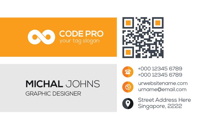 PSD visitenkarte für den grafikdesigner michal johns mit kontaktdaten und qr-code