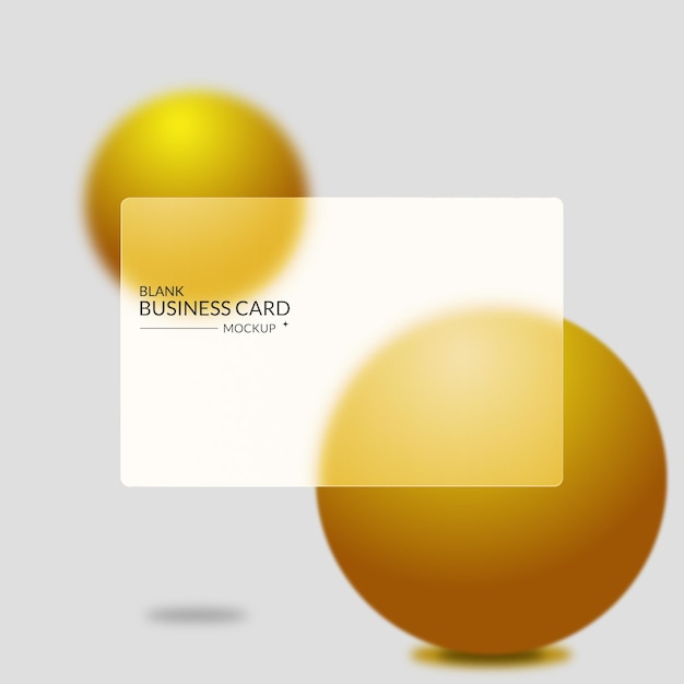 Visitenkarten-Mockup mit schwimmenden Goldkugeln und frostiertem Glas