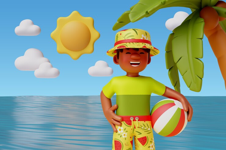 PSD vista 3d del personaje en la playa durante el verano.