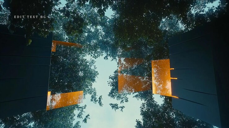 PSD vista a basso angolo di quadrati arancione luminosi in un ambiente scuro pieno di alberi