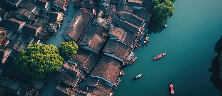 PSD vista aérea de una aldea china con un río