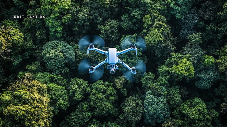 PSD vista aérea de un avión no tripulado volando sobre el verde dosel del bosque
