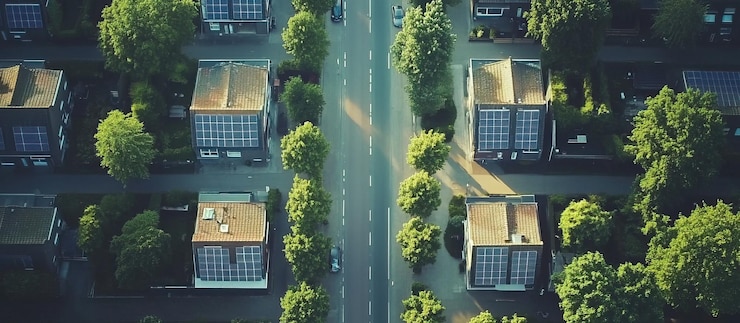 PSD vista aérea de un barrio residencial con paneles solares