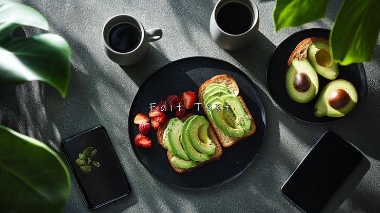 PSD vista aérea de café tostado de aguacate y frutas