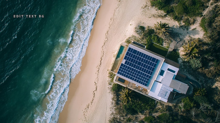 PSD vista aérea de una casa moderna frente a la playa con paneles solares