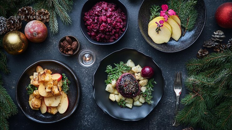 PSD vista aérea de una cena de navidad con patatas de carne asadas, repollo rojo y manzanas