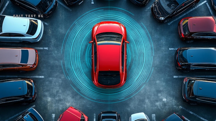 PSD vista aérea de un coche rojo en un estacionamiento rodeado de otros vehículos con un círculo de orientación digital que lo destaca