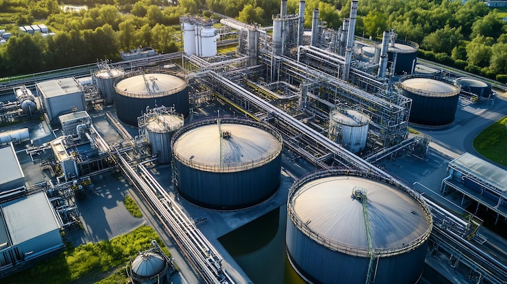 PSD vista aérea de un complejo industrial con grandes tanques, tuberías y unidades de procesamiento