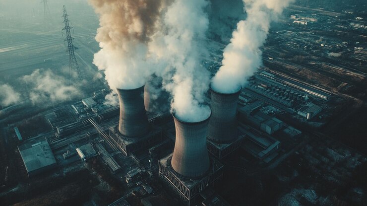 PSD vista aérea da central eléctrica que emite fumaça