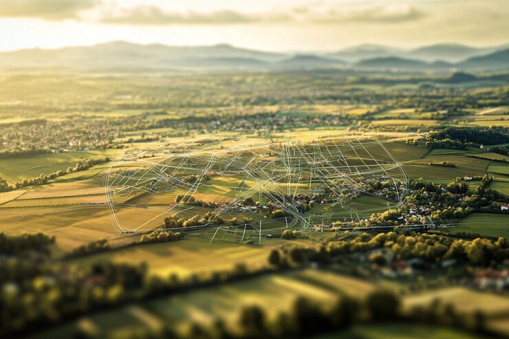 PSD vista aérea da paisagem rural com mapa digital sobreposto