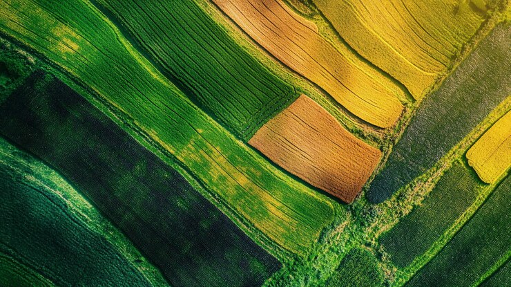 PSD vista aérea de campos agrícolas coloridos com várias culturas em diferentes estágios de crescimento