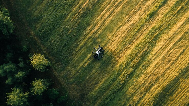 PSD vista aérea de um drone em um campo colhido