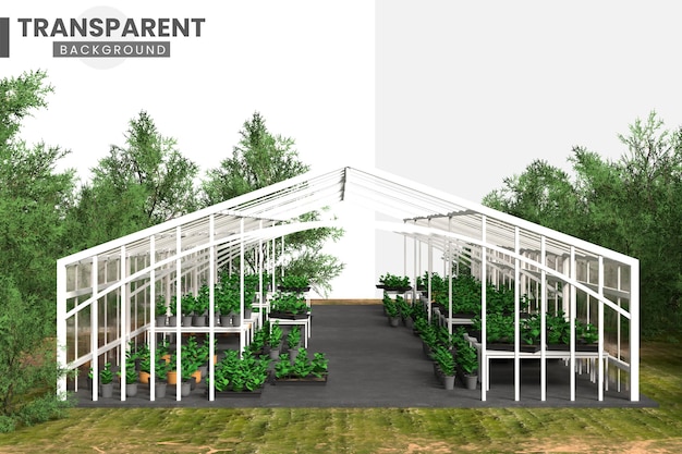 Vista aérea de um viveiro de plantas de estufa ao ar livre com fundo transparente