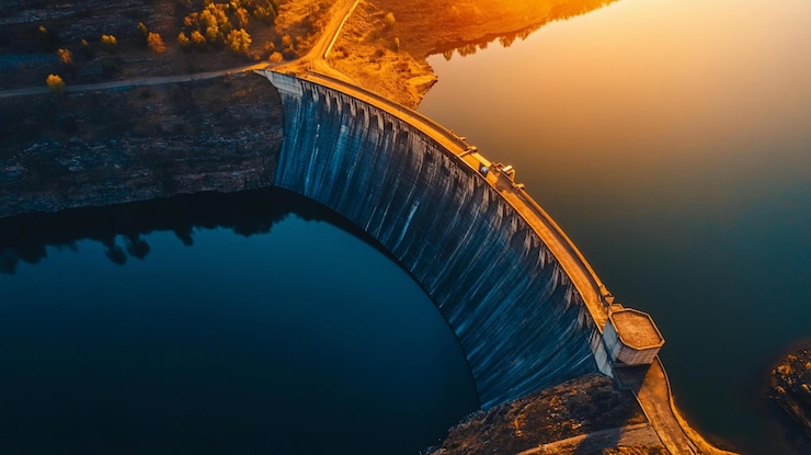 PSD vista aérea de uma barragem ao pôr-do-sol mostrando sua estrutura curva e reservatório calmo