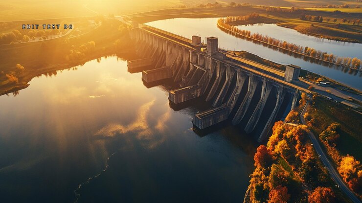 PSD vista aérea de uma barragem ao pôr-do-sol refletindo-se em água calma com folhagem de outono