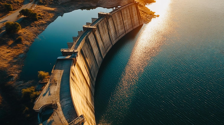 PSD vista aérea de uma barragem curva ao pôr-do-sol refletindo a luz solar em águas calmas