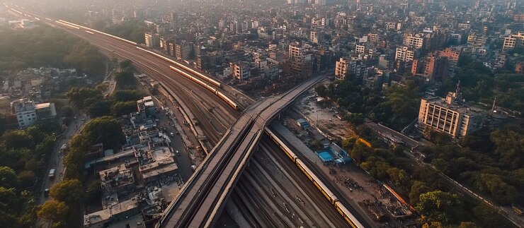 PSD vista aérea de uma cidade com trens e estradas