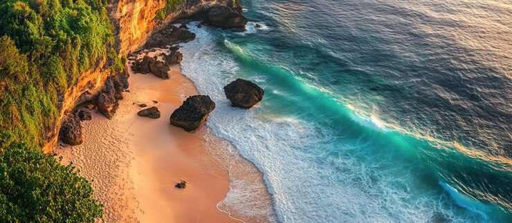 PSD vista aérea de uma praia tranquila com águas turquesa