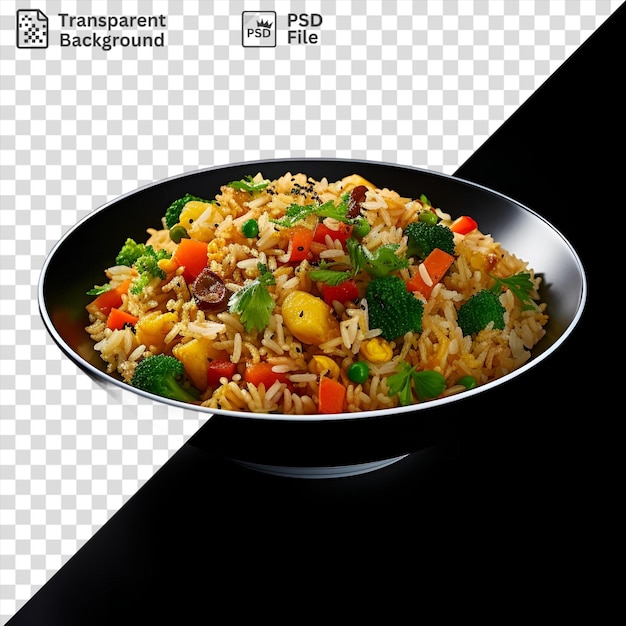 PSD vista aérea de uma tigela de arroz e vegetais, incluindo brócolis e cenouras em uma mesa preta com um reflexo brilhante
