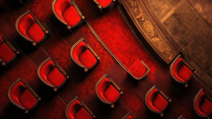 PSD vista aerea dei sedili rossi di un teatro in un auditorium