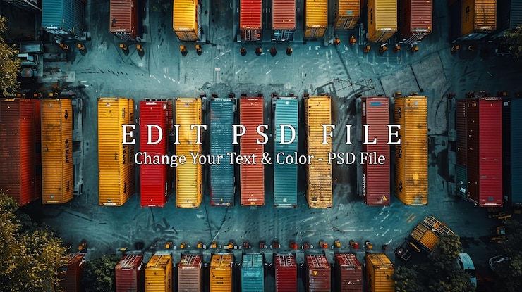 PSD vista aerea di colorati container di spedizione in un deposito