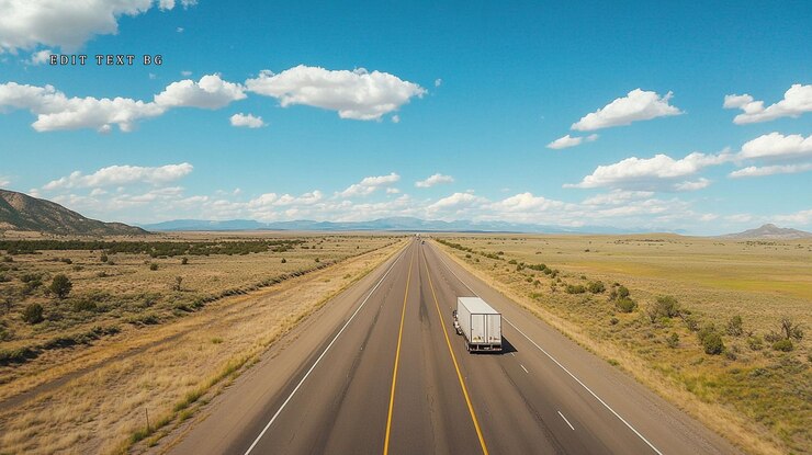 PSD vista aerea di un camion che guida su un'autostrada attraverso un paesaggio desertico sotto un cielo luminoso e soleggiato