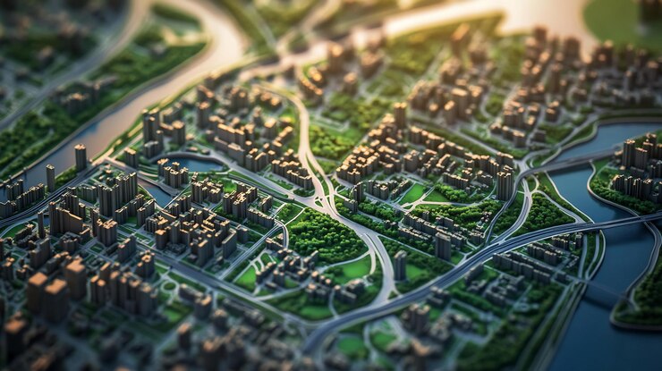 PSD vista aerea di un modello di città in miniatura con edifici, strade, parchi e fiumi