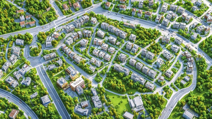 PSD vista aerea di un quartiere residenziale verde con strade e edifici