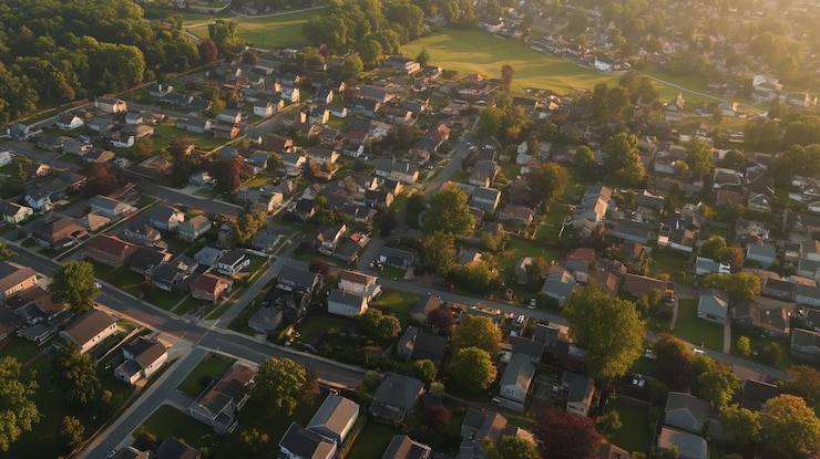 PSD vista aerea di un quartiere suburbano all'alba