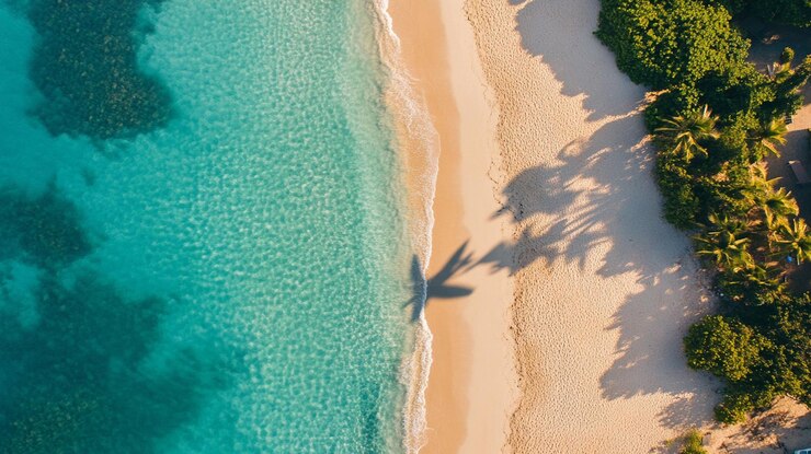 PSD vista aerea di una spiaggia tropicale con acqua turchese, sabbia bianca, palme e ombre