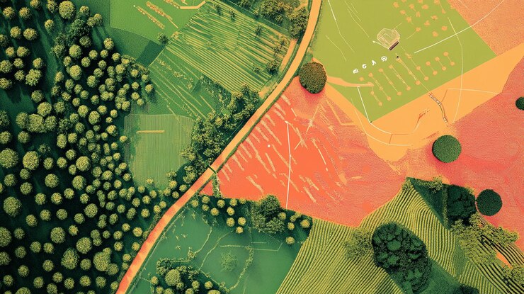 PSD vista aérea de diversos bosques y campos agrícolas que muestran colores y texturas contrastantes